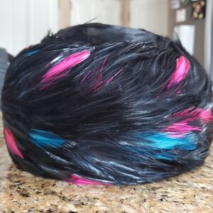 Ladies Vintage Black Feather Hat with Pink and Blue Accents